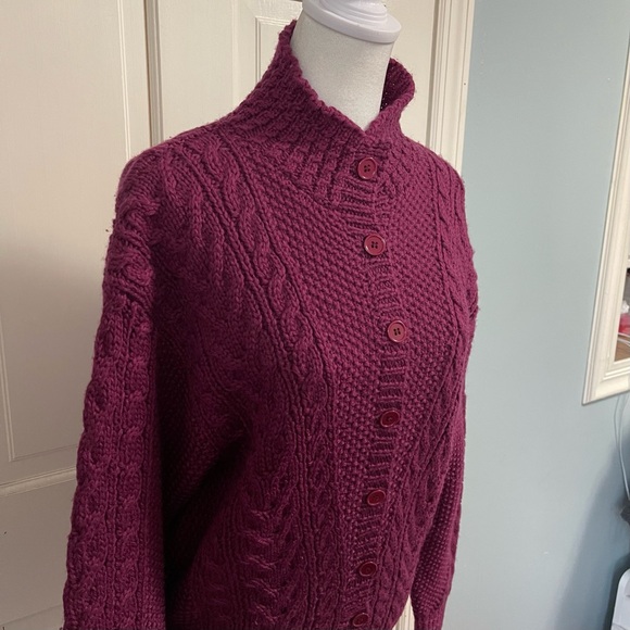 Vintage Hand Knit 100% Wool Cableknit Fisherman Cardigan Sweater Medium Purple - Picture 4 of 12